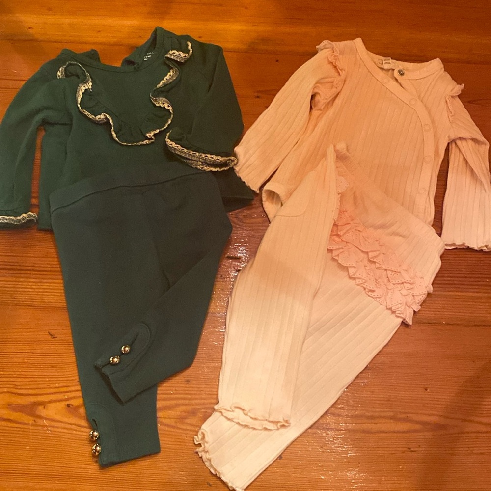 Janie and Jack Green & Pink Ribbed Ruffle Matching Sets